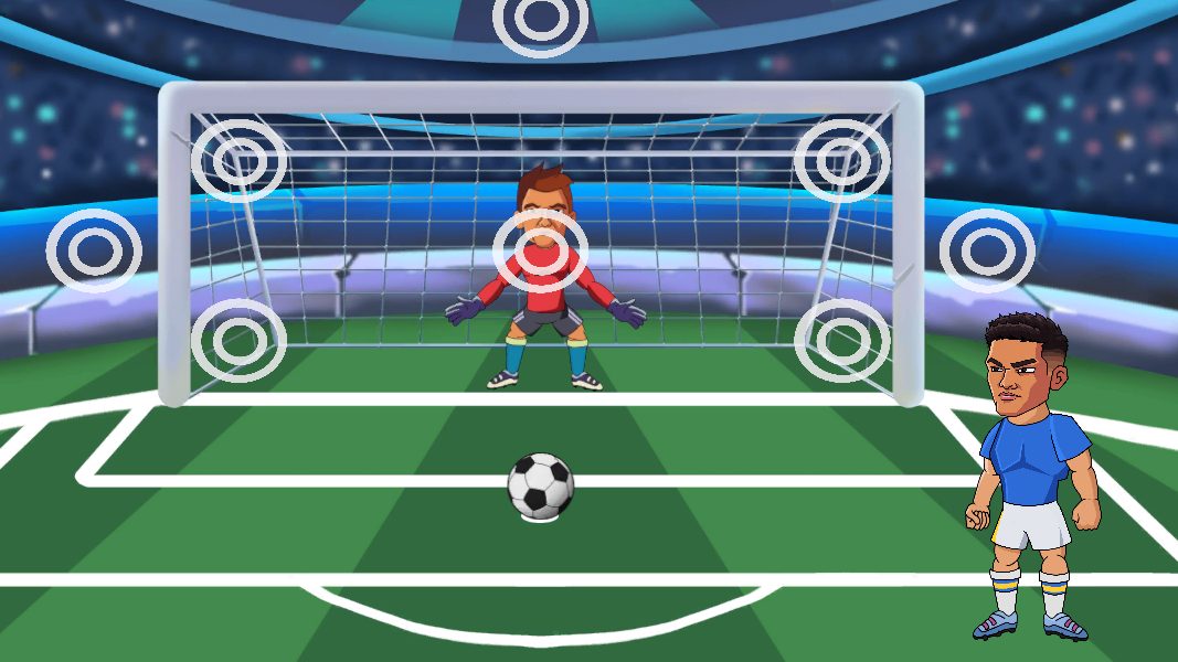 Partida em andamento: o goleiro no gol, os alvos nos cantos e o batedor ao lado da bola