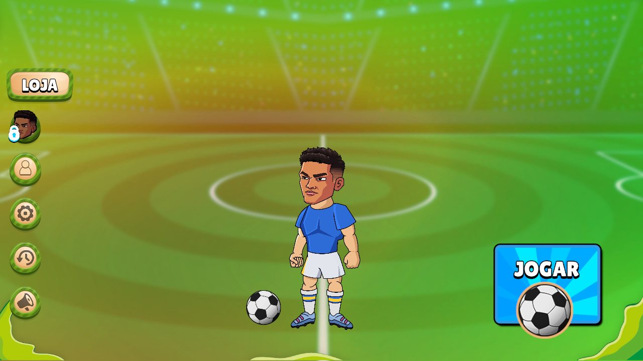 Menu do Penaltecas: o jogador com a bola no centro do campo e o botão Jogar